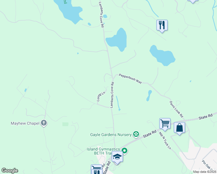 map of restaurants, bars, coffee shops, grocery stores, and more near 11 Loring Lane in West Tisbury