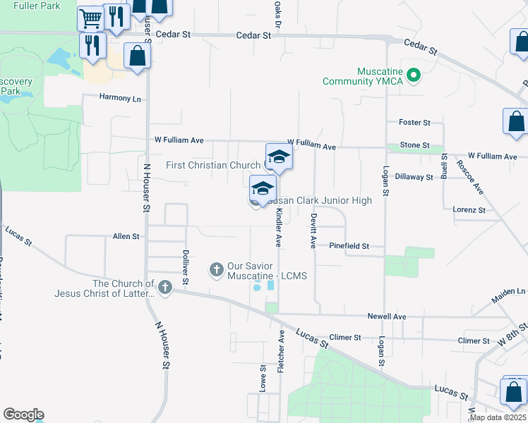 map of restaurants, bars, coffee shops, grocery stores, and more near 600 Kindler Avenue in Muscatine