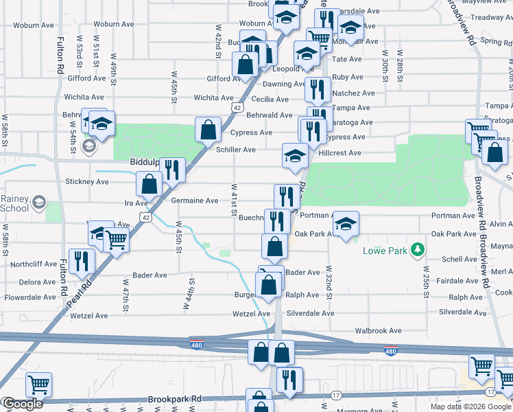 map of restaurants, bars, coffee shops, grocery stores, and more near 3810 Germaine Avenue in Cleveland