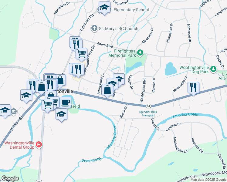 map of restaurants, bars, coffee shops, grocery stores, and more near 76 East Main Street in Washingtonville
