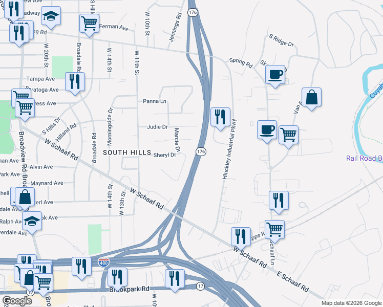 map of restaurants, bars, coffee shops, grocery stores, and more near 709 Pelley Drive in Cleveland