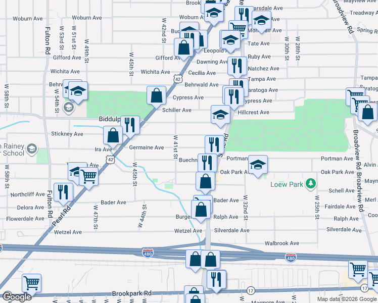 map of restaurants, bars, coffee shops, grocery stores, and more near 3810 Germaine Avenue in Cleveland