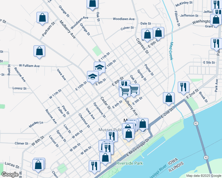 map of restaurants, bars, coffee shops, grocery stores, and more near 320 East 9th Street in Muscatine