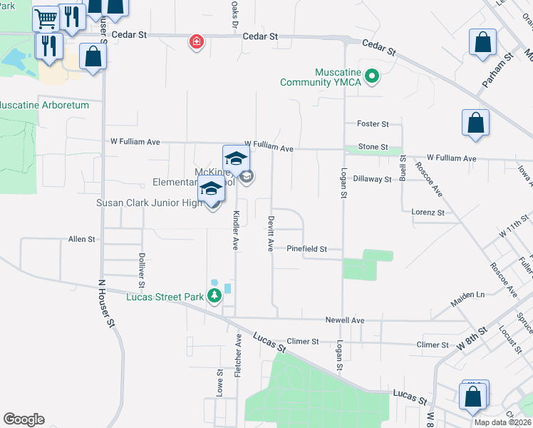 map of restaurants, bars, coffee shops, grocery stores, and more near 1624 Americana Ave in Muscatine
