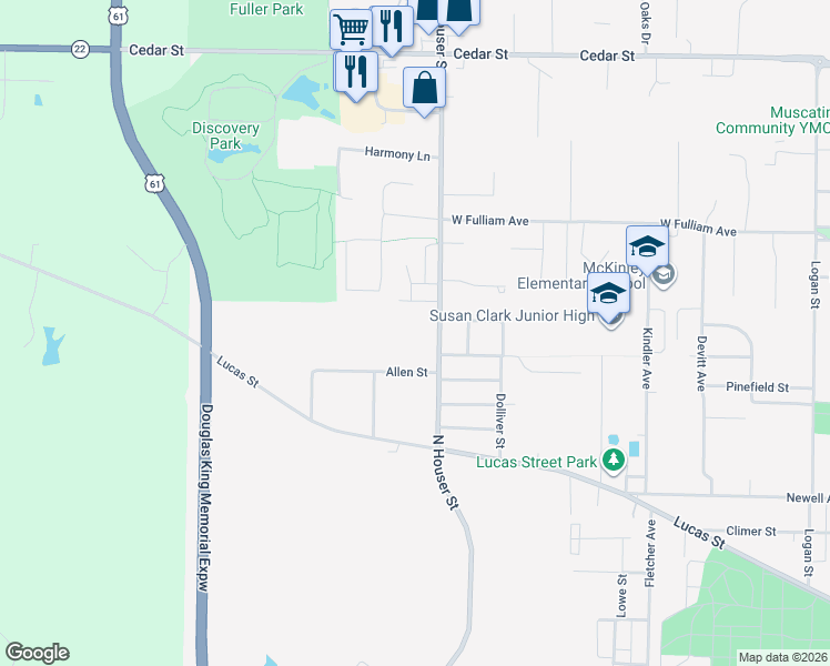 map of restaurants, bars, coffee shops, grocery stores, and more near 1316 Houser Street in Muscatine