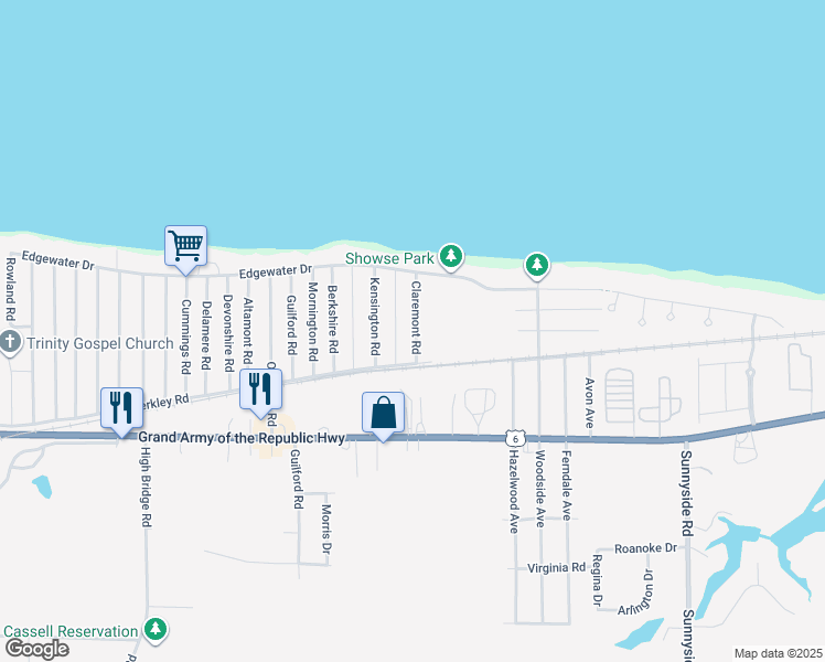map of restaurants, bars, coffee shops, grocery stores, and more near 284 Claremont Road in Vermilion