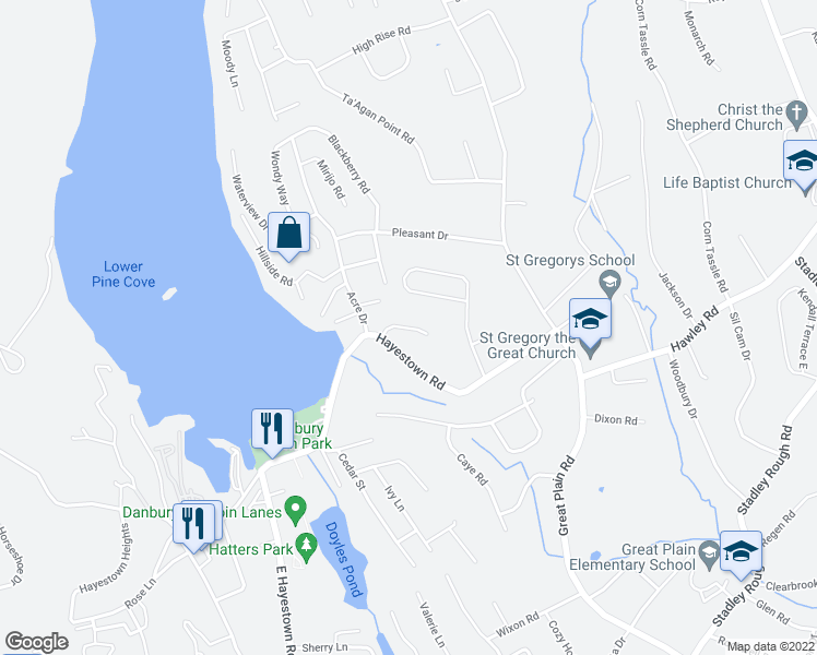 map of restaurants, bars, coffee shops, grocery stores, and more near 3 Hawley Terrace in Danbury