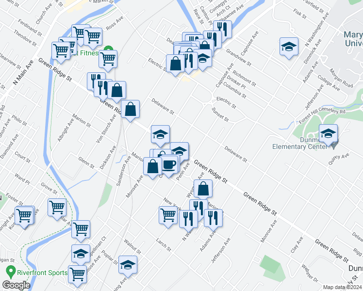 map of restaurants, bars, coffee shops, grocery stores, and more near 1612 Capouse Avenue in Scranton