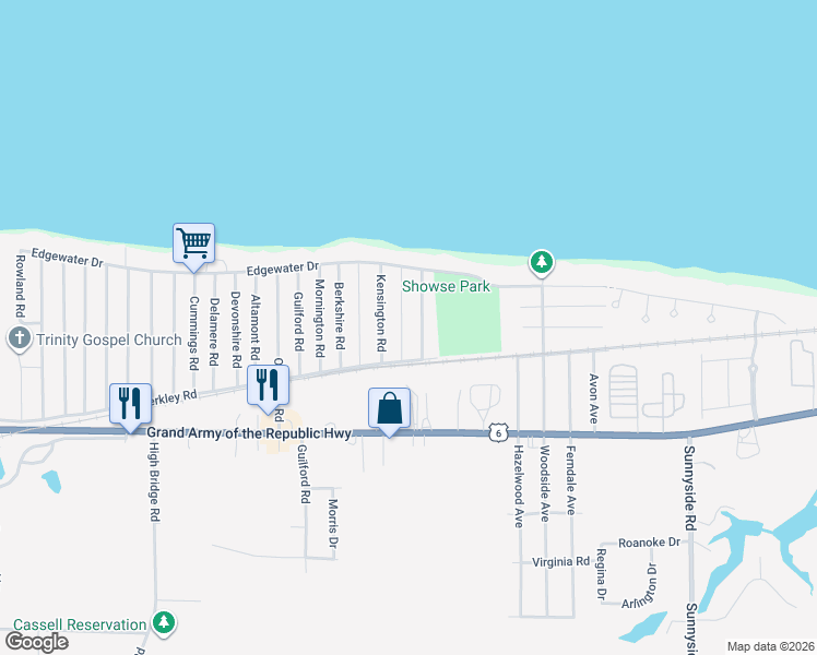 map of restaurants, bars, coffee shops, grocery stores, and more near 242 Claremont Road in Vermilion