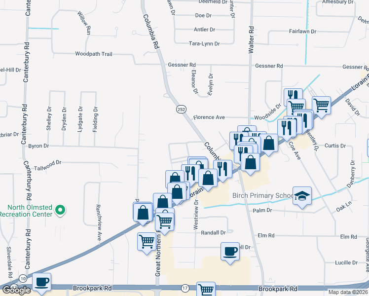 map of restaurants, bars, coffee shops, grocery stores, and more near 4122 Columbia Square in North Olmsted