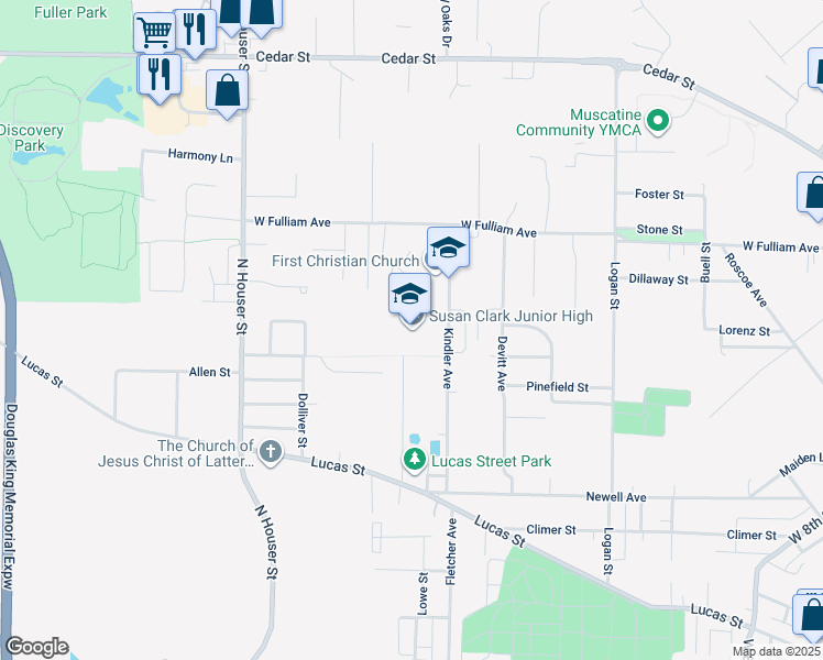 map of restaurants, bars, coffee shops, grocery stores, and more near 600 Kindler Avenue in Muscatine
