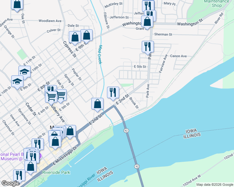 map of restaurants, bars, coffee shops, grocery stores, and more near 1114-1198 East 3rd Street in Muscatine