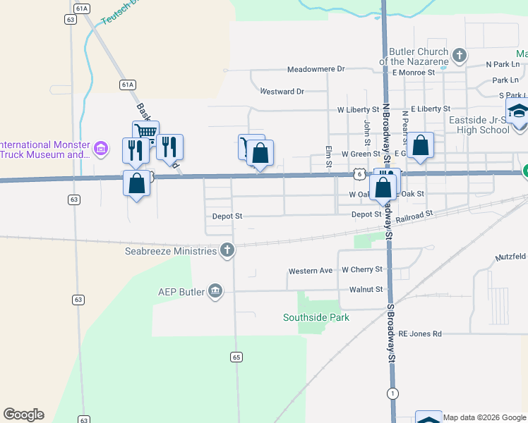 map of restaurants, bars, coffee shops, grocery stores, and more near 322 West Oak Street in Butler