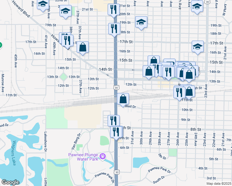 map of restaurants, bars, coffee shops, grocery stores, and more near 1101 Lincoln Highway in Columbus