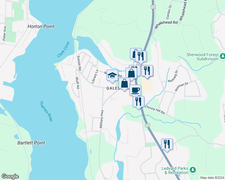 map of restaurants, bars, coffee shops, grocery stores, and more near 18 Hurlbutt Road in Ledyard