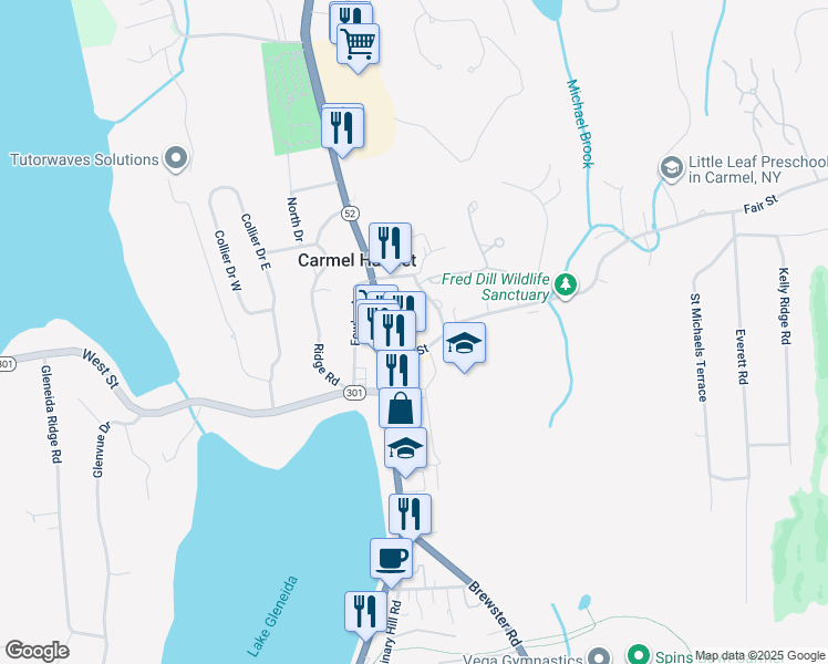map of restaurants, bars, coffee shops, grocery stores, and more near 170 New York 52 in Carmel Hamlet