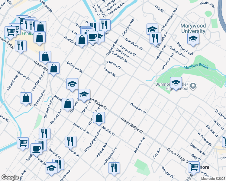 map of restaurants, bars, coffee shops, grocery stores, and more near 1709 Wyoming Avenue in Scranton