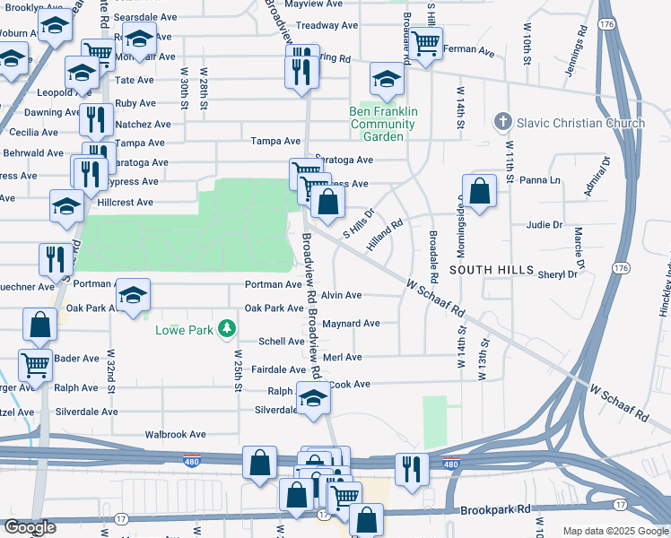 map of restaurants, bars, coffee shops, grocery stores, and more near 4724 South Hills Drive in Cleveland