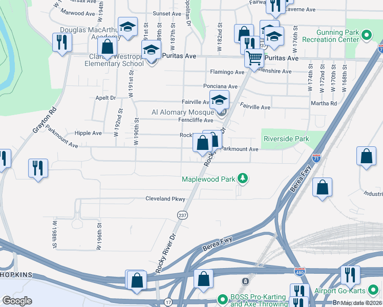 map of restaurants, bars, coffee shops, grocery stores, and more near 18400 Parkmount Avenue in Cleveland