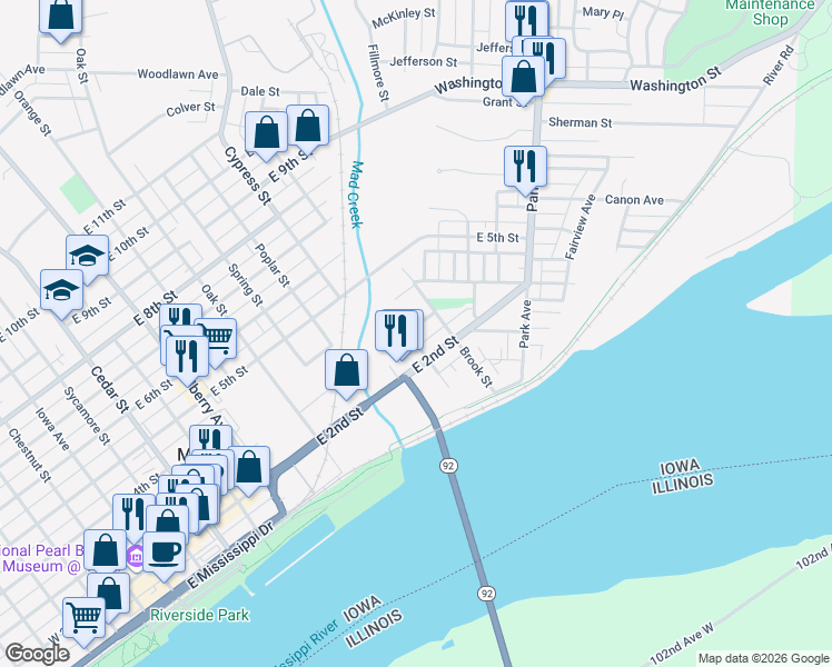 map of restaurants, bars, coffee shops, grocery stores, and more near 1114-1198 East 3rd Street in Muscatine