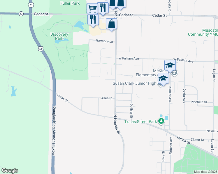map of restaurants, bars, coffee shops, grocery stores, and more near 1316 Houser Street in Muscatine