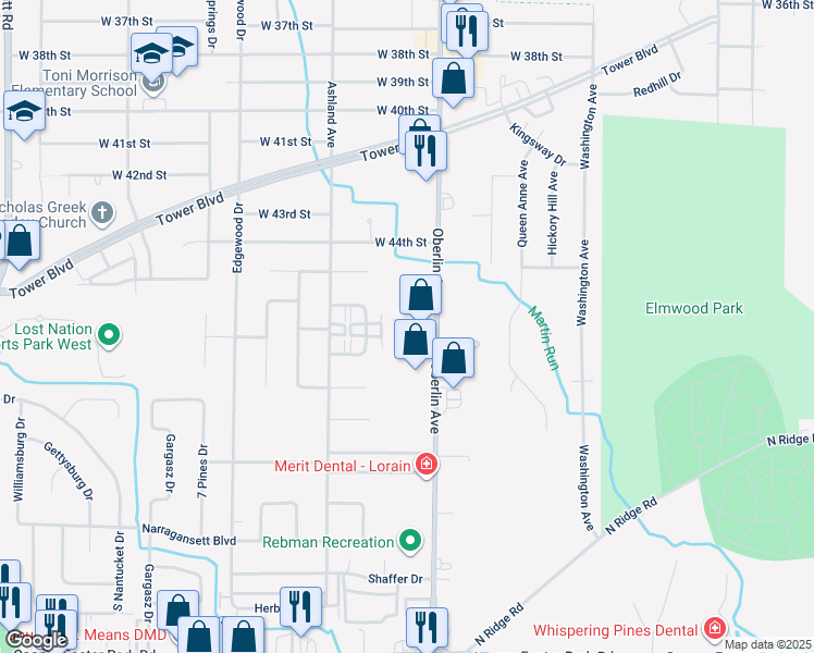 map of restaurants, bars, coffee shops, grocery stores, and more near 4640 Oberlin Avenue in Lorain