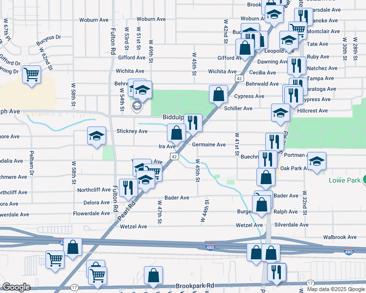 map of restaurants, bars, coffee shops, grocery stores, and more near Pearl Rd & Ira Ave in Cleveland
