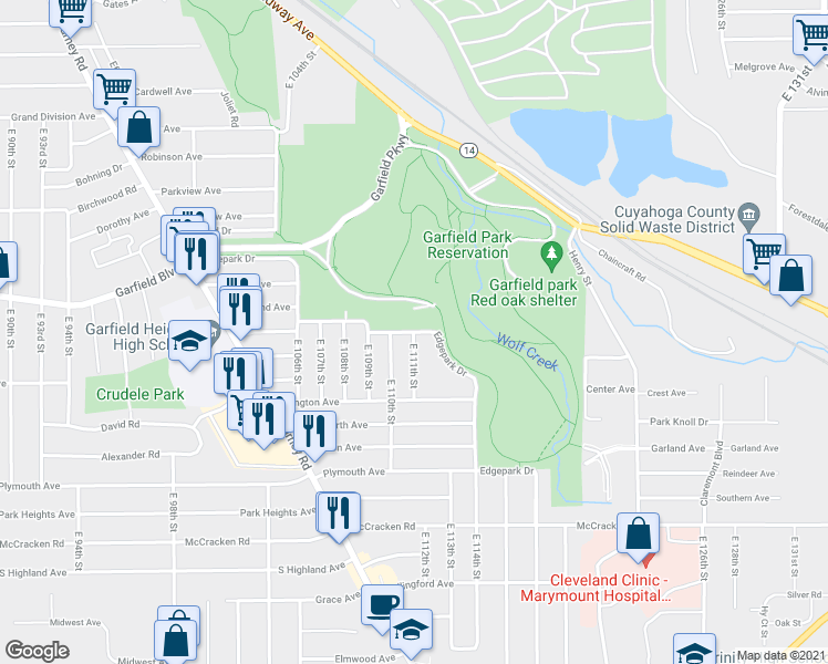 map of restaurants, bars, coffee shops, grocery stores, and more near Edgepark Drive & East 111th Street in Garfield Heights