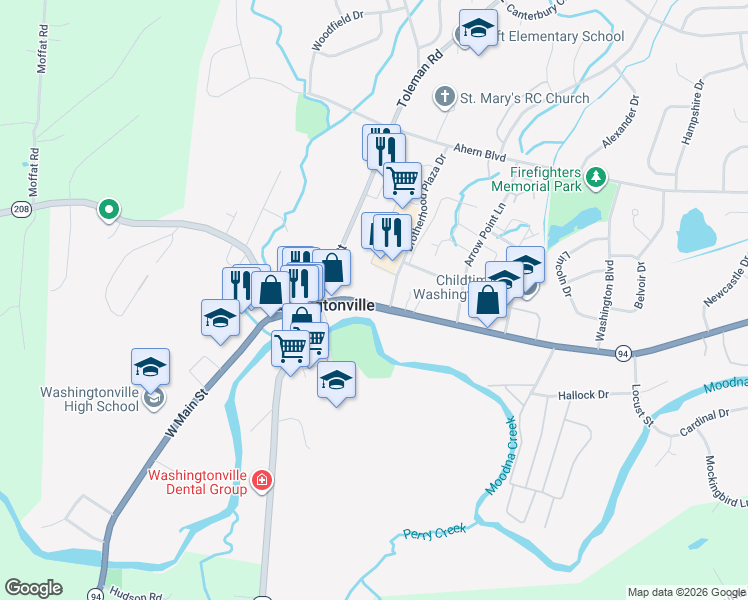 map of restaurants, bars, coffee shops, grocery stores, and more near 52 East Main Street in Washingtonville