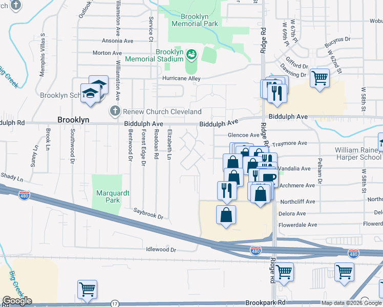 map of restaurants, bars, coffee shops, grocery stores, and more near 105 Northridge Oval in Brooklyn