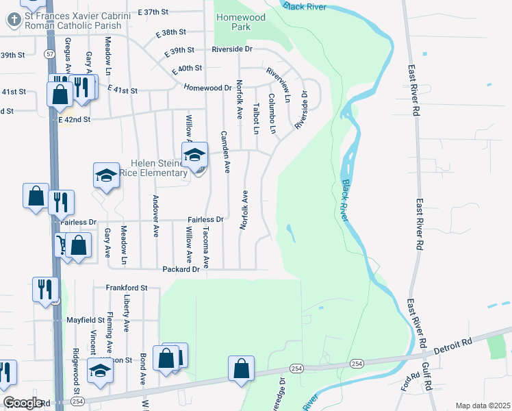 map of restaurants, bars, coffee shops, grocery stores, and more near 4526 Riverside Drive in Lorain