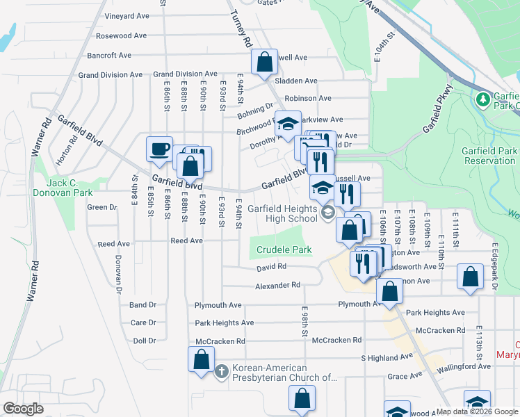 map of restaurants, bars, coffee shops, grocery stores, and more near 9416 Garfield Boulevard in Garfield Heights
