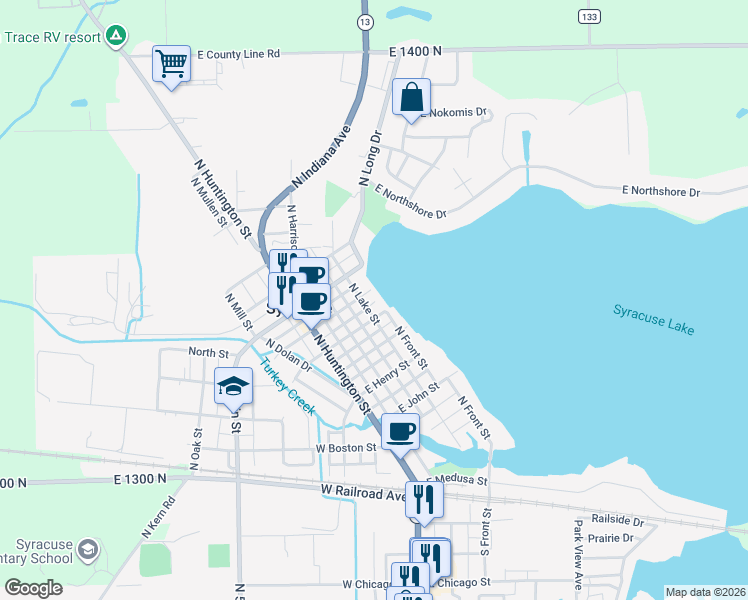 map of restaurants, bars, coffee shops, grocery stores, and more near 399 E Pearl St in Syracuse