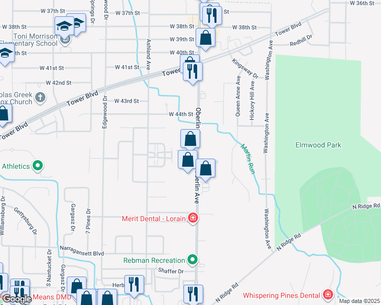 map of restaurants, bars, coffee shops, grocery stores, and more near 4590 Oberlin Avenue in Lorain