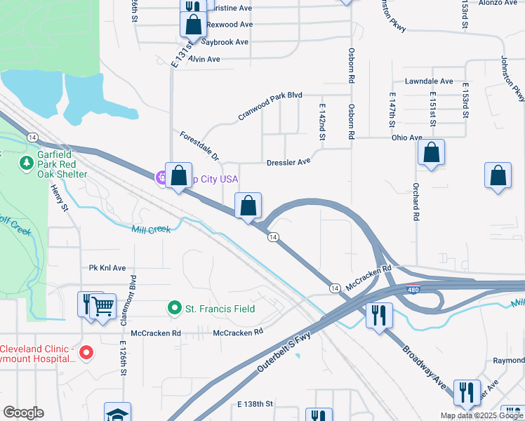 map of restaurants, bars, coffee shops, grocery stores, and more near 13513 Broadway Avenue in Garfield Heights