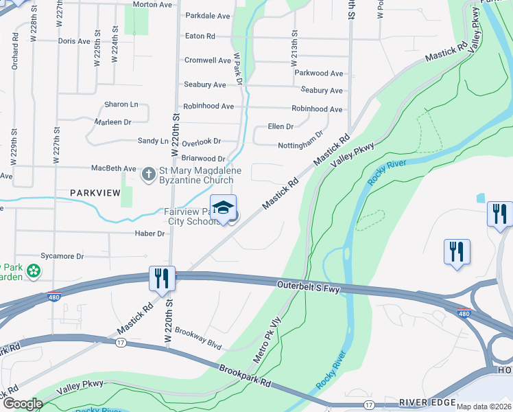 map of restaurants, bars, coffee shops, grocery stores, and more near 21494 Mastick Road in Fairview Park