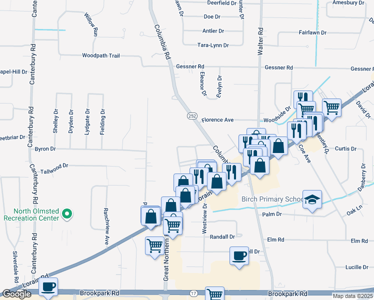 map of restaurants, bars, coffee shops, grocery stores, and more near 4830 Columbia Square in North Olmsted