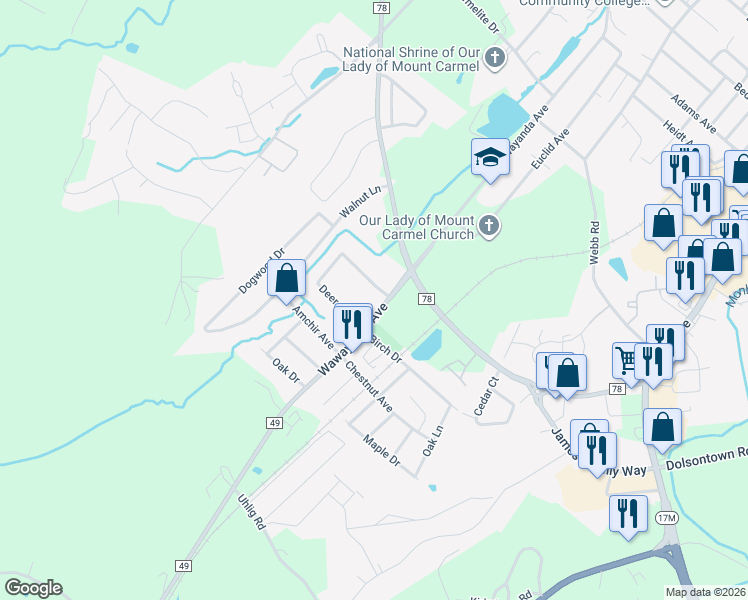 map of restaurants, bars, coffee shops, grocery stores, and more near 20 Deer Court Drive in Middletown
