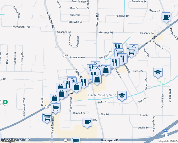 map of restaurants, bars, coffee shops, grocery stores, and more near 4183 Columbia Road in North Olmsted