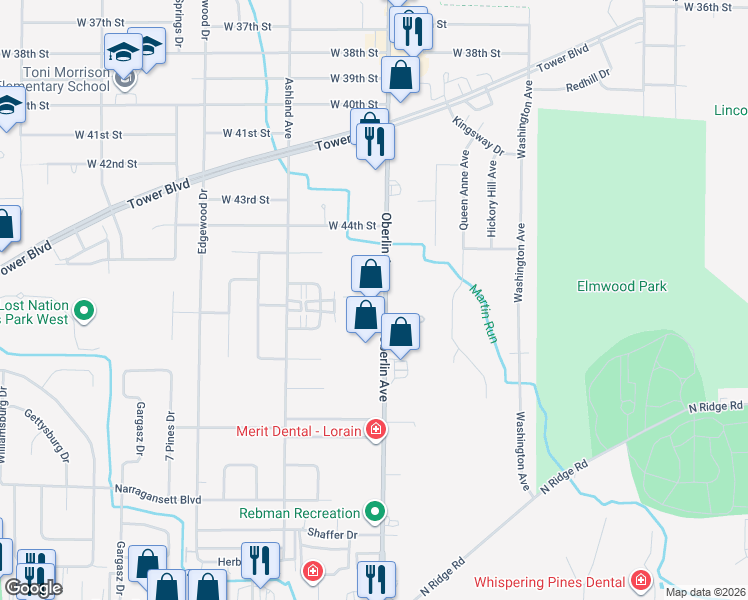 map of restaurants, bars, coffee shops, grocery stores, and more near 4590 Oberlin Avenue in Lorain