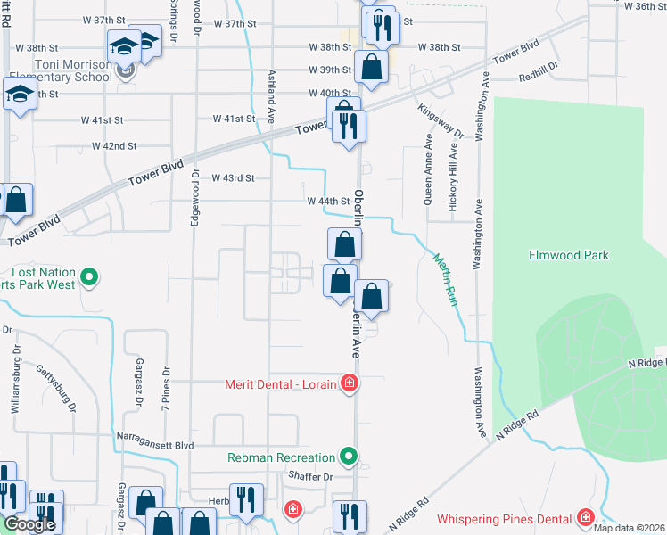 map of restaurants, bars, coffee shops, grocery stores, and more near 4590 Oberlin Avenue in Lorain