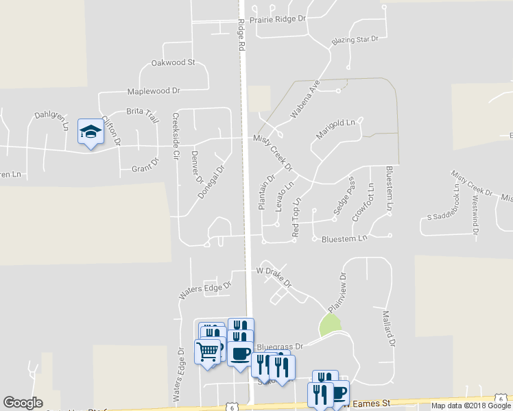 map of restaurants, bars, coffee shops, grocery stores, and more near 1447 Plantain Drive in Minooka