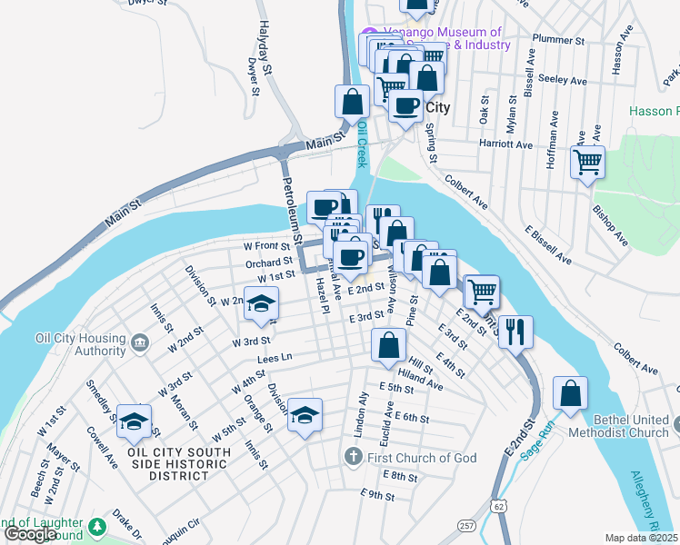 map of restaurants, bars, coffee shops, grocery stores, and more near 22 East 1st Street in Oil City