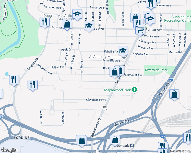 map of restaurants, bars, coffee shops, grocery stores, and more near 18716 Parkmount Avenue in Cleveland