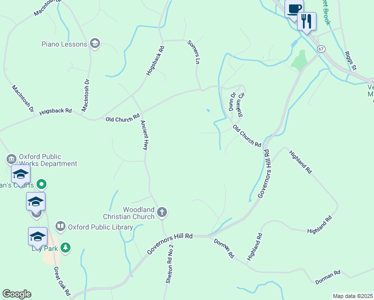 map of restaurants, bars, coffee shops, grocery stores, and more near 7 Hilltop Ridge Road in Oxford