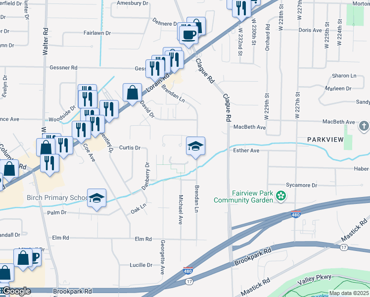 map of restaurants, bars, coffee shops, grocery stores, and more near 23543 Cedarwood Lane in North Olmsted