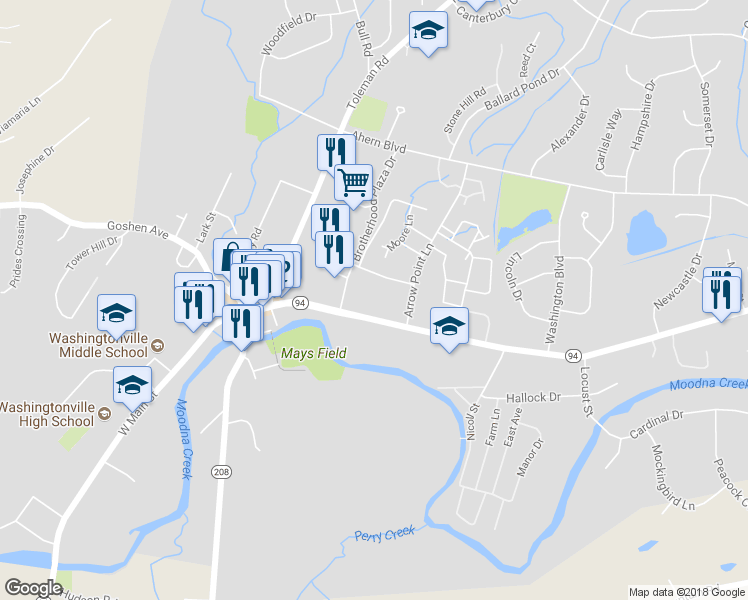 map of restaurants, bars, coffee shops, grocery stores, and more near 5 7 9 Arrow Point Lane in Washingtonville
