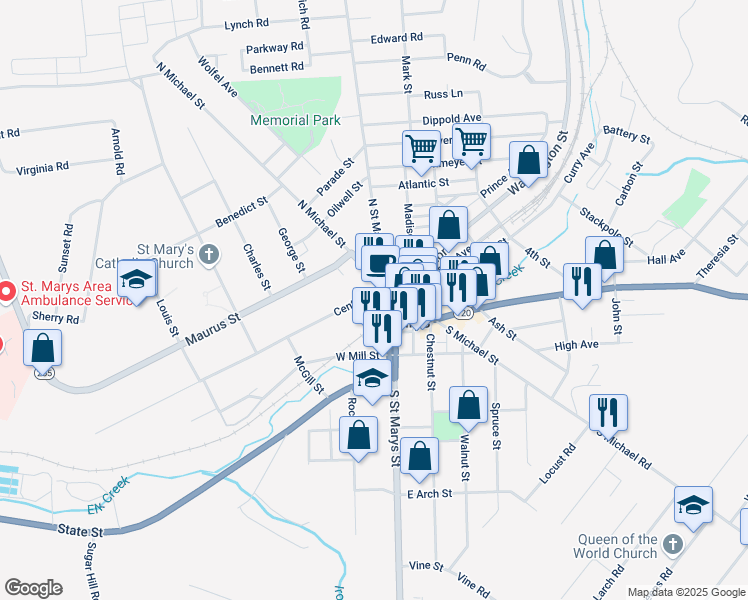 map of restaurants, bars, coffee shops, grocery stores, and more near 126 Center Street in St. Marys