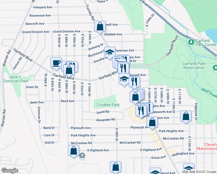 map of restaurants, bars, coffee shops, grocery stores, and more near 4819 East 96th Street in Garfield Heights