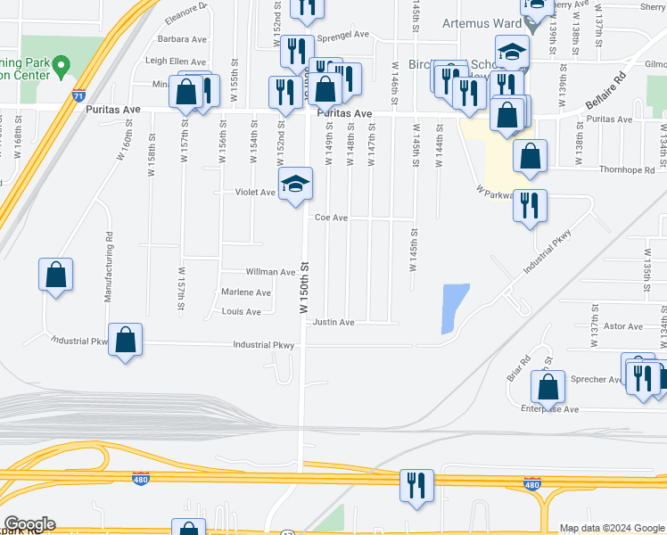 map of restaurants, bars, coffee shops, grocery stores, and more near 4628 West 148th Street in Cleveland
